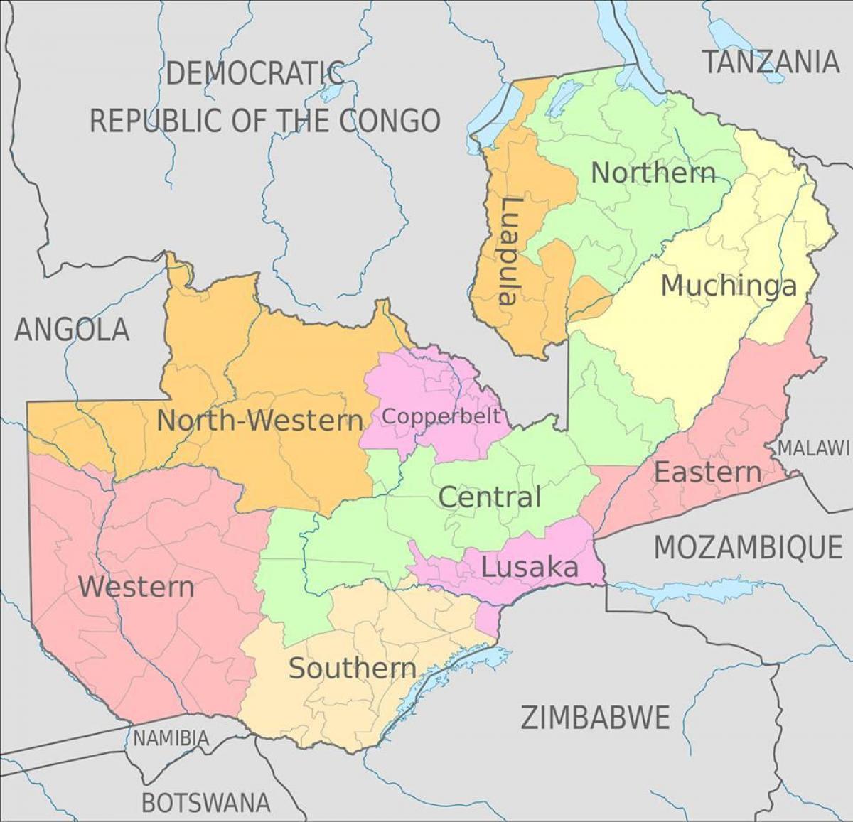 χάρτης της Ζάμπια δείχνει 10 επαρχίες