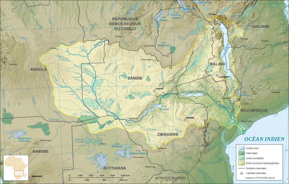 χάρτης της Ζάμπια δείχνει ποτάμια και λίμνες