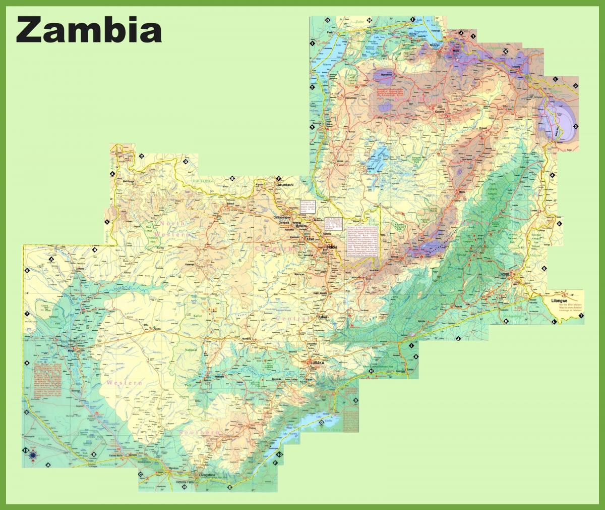 χάρτης της Ζάμπια που δείχνει όλες τις πόλεις