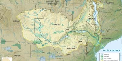 Χάρτης της Ζάμπια δείχνει ποτάμια και λίμνες